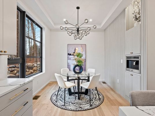 Dining room, Interior, Pendant Lights, Stainless Steel Appliances, Wood Texture Flooring