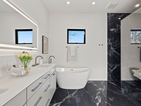 Bathroom, Dual Sink Vanities, Free Standing Baths, Interior, Marble, Marble Walls, Recessed Lighting