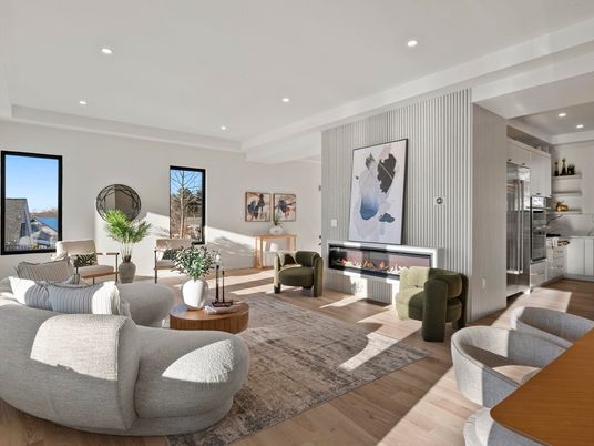 Fireplace, Interior, Living room, Recessed Lighting, Stainless Steel Appliances, Wood Texture Flooring
