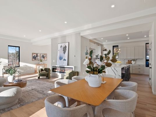 Dining room, Fireplace, Interior, Living room, Recessed Lighting, Wood Texture Flooring