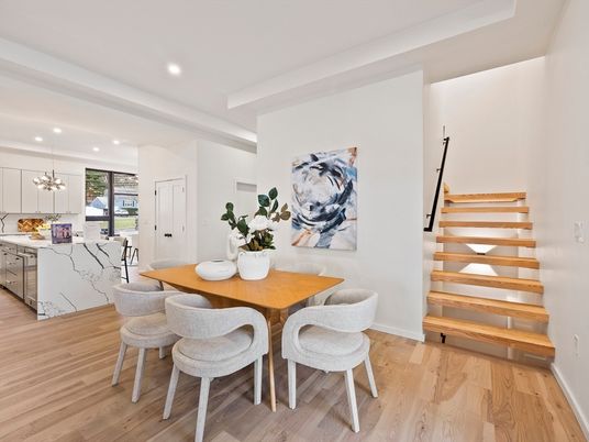 Dining room, Interior, Kitchen, Pendant Lights, Recessed Lighting, Wood Texture Flooring