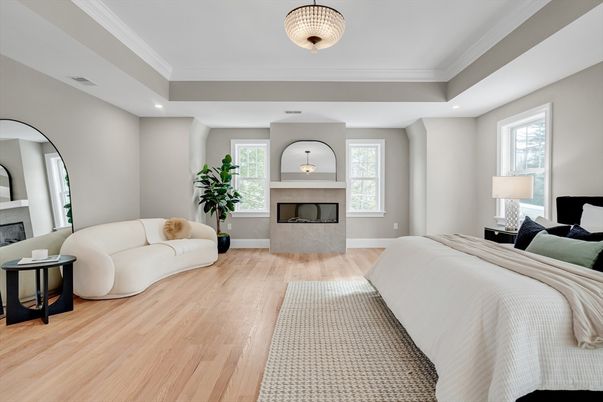 Bedroom, Fireplace, Interior, Recessed Lighting, Wood Texture Flooring