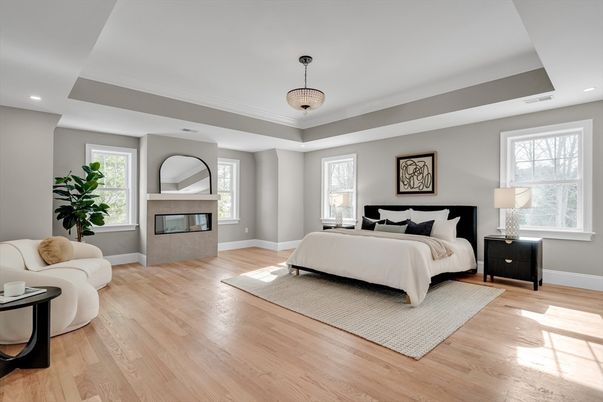 Bedroom, Fireplace, Interior, Pendant Lights, Recessed Lighting, Wood Texture Flooring