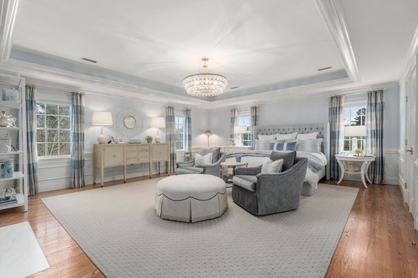 Bedroom, Chandelier, Interior, Recessed Lighting, Wood Texture Flooring
