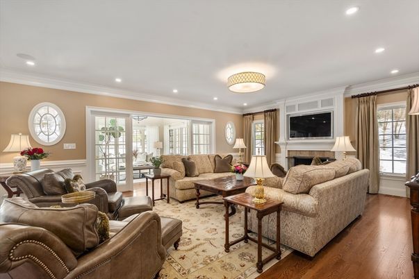 Fireplace, Interior, Living room, Recessed Lighting, Wood Texture Flooring