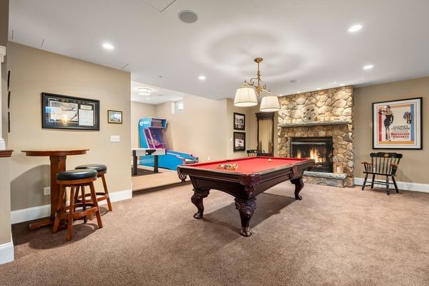 Billiard Table, Fireplace, Game Room, Interior, Pendant Lights, Recessed Lighting, Stone Walls