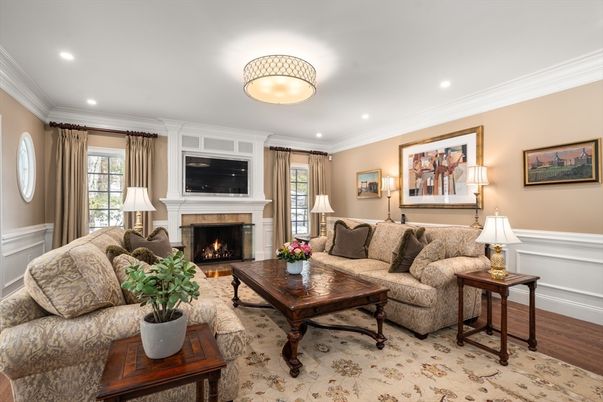 Fireplace, Interior, Living room, Recessed Lighting, Wood Texture Flooring