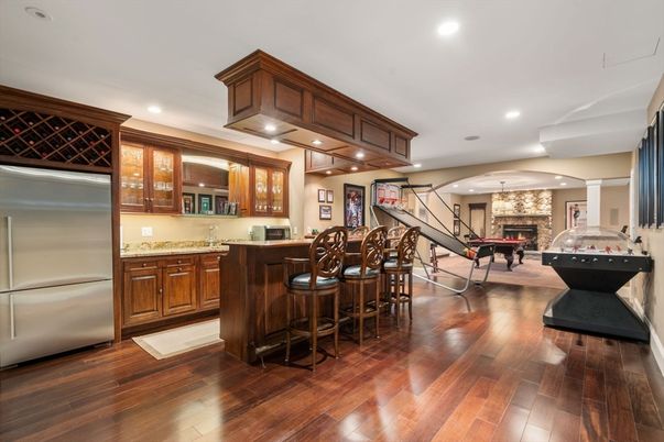 Dining room, Fireplace, Interior, Kitchen, Recessed Lighting, Wood Texture Flooring