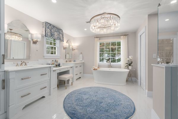 Bathroom, Chandelier, Dual Sink Vanities, Free Standing Baths, Interior, Recessed Lighting