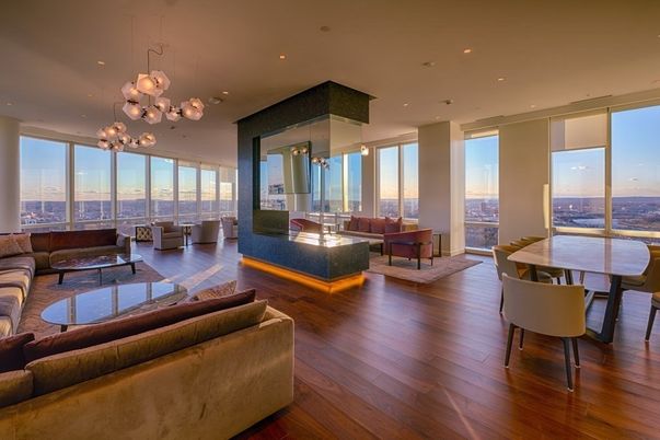 Dining room, Interior, Living room, Pendant Lights, Recessed Lighting, Wood Texture Flooring