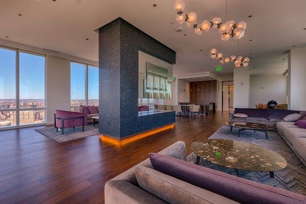 Dining room, Interior, Living room, Pendant Lights, Recessed Lighting, Wood Texture Flooring