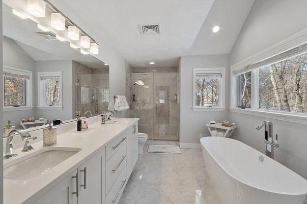 Bathroom, Dual Sink Vanities, Free Standing Baths, Glass Shower, Interior, Marble, Recessed Lighting