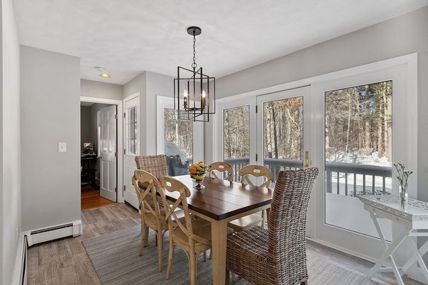 Dining room, Interior, Pendant Lights, Recessed Lighting, Wood Texture Flooring