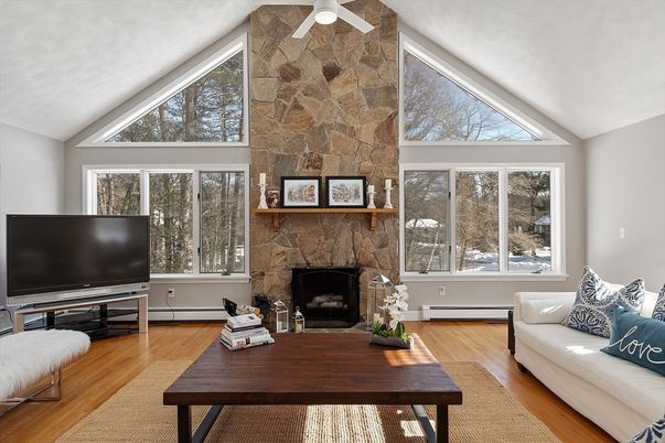 Fireplace, Interior, Living room, Stone Walls, Wood Texture Flooring
