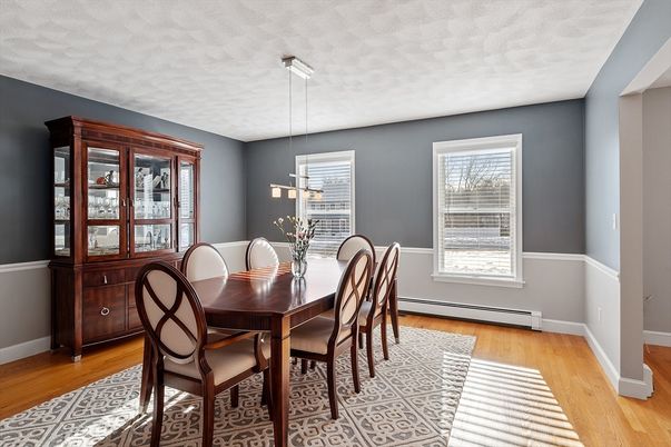 Dining room, Interior, Pendant Lights, Wood Texture Flooring