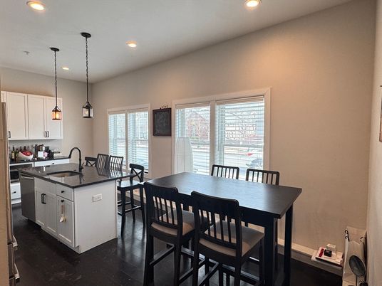 Dining room, Interior, Kitchen, Pendant Lights, Recessed Lighting, Wood Texture Flooring