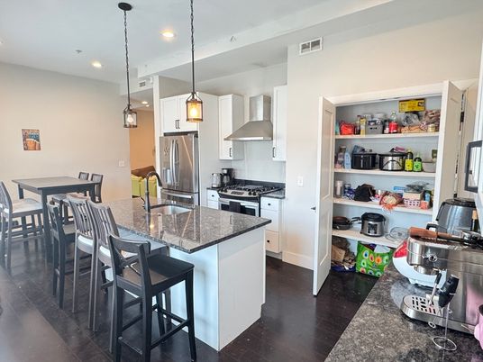 Interior, Kitchen, Pendant Lights, Recessed Lighting, Stainless Steel Appliances, Wood Texture Flooring