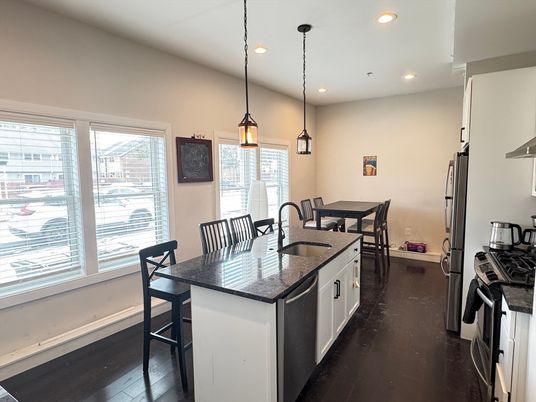 Dining room, Interior, Kitchen, Pendant Lights, Recessed Lighting, Wood Texture Flooring