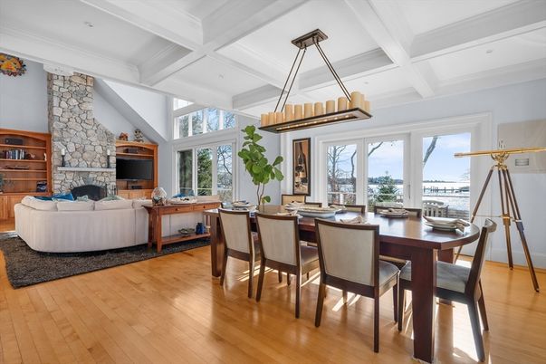 Dining room, Fireplace, Interior, Living room, Stone Walls, Wood Texture Flooring