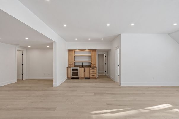 Empty room, Interior, Kitchen, Recessed Lighting, Wood Texture Flooring