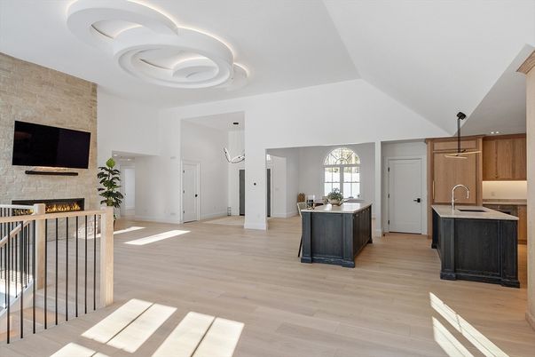 Fireplace, Interior, Kitchen, Pendant Lights, Stone Walls, Wood Texture Flooring