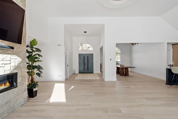 Fireplace, Interior, Pendant Lights, Wood Texture Flooring