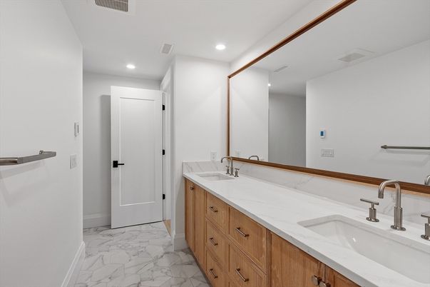 Bathroom, Dual Sink Vanities, Interior, Marble, Recessed Lighting