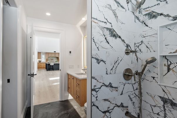 Interior, Marble Walls, Recessed Lighting, Wood Texture Flooring