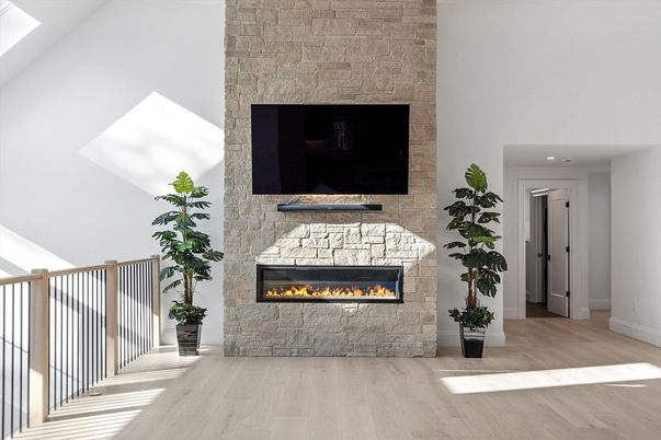 Fireplace, Interior, Recessed Lighting, Stone Walls, Wood Texture Flooring