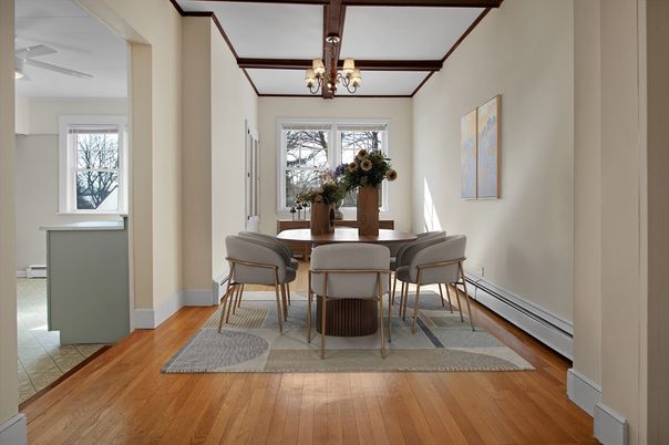Chandelier, Dining room, Interior, Wooden Beams, Wood Texture Flooring