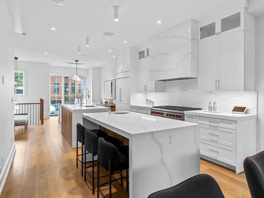 Interior, Kitchen, Marble Walls, Pendant Lights, Recessed Lighting, Wood Texture Flooring