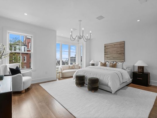 Bedroom, Chandelier, Interior, Recessed Lighting, Wood Texture Flooring