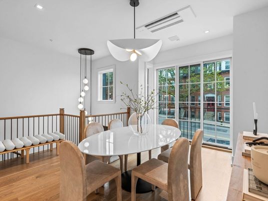 Dining room, Interior, Pendant Lights, Recessed Lighting, Wood Texture Flooring