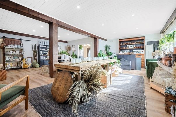 Dining room, Interior, Recessed Lighting, Wooden Beams, Wood Texture Flooring