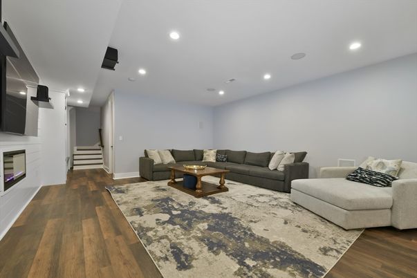 Fireplace, Interior, Living room, Recessed Lighting, Wood Texture Flooring