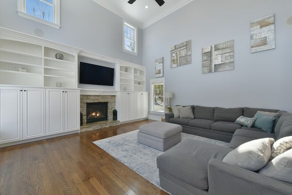 Fireplace, Interior, Living room, Recessed Lighting, Wood Texture Flooring