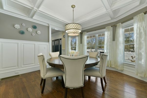 Dining room, Interior, Pendant Lights, Wood Texture Flooring