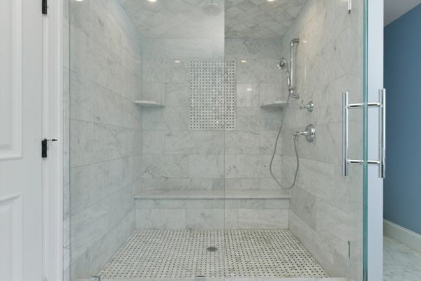 Bathroom, Glass Shower, Interior, Marble Walls, Recessed Lighting