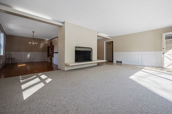Chandelier, Empty room, Fireplace, Interior, Wood Texture Flooring