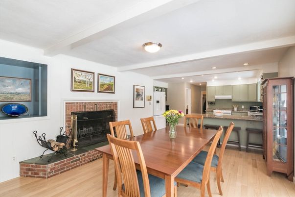 Dining room, Fireplace, Interior, Kitchen, Recessed Lighting, Wood Texture Flooring