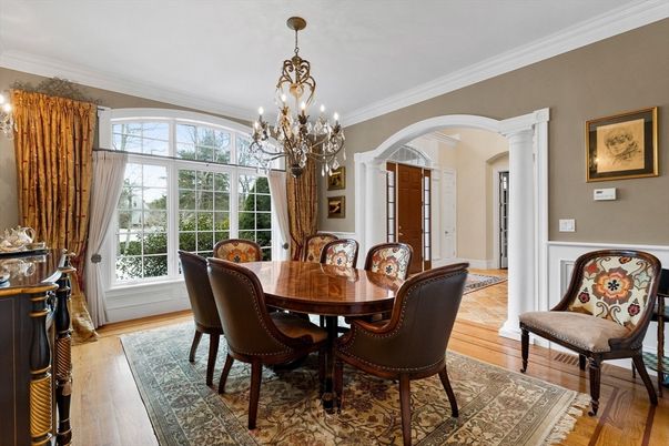 Chandelier, Dining room, Interior, Wood Texture Flooring