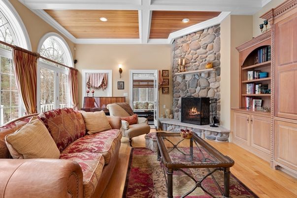 Fireplace, Interior, Living room, Recessed Lighting, Stone Walls, Wooden Beams, Wooden Ceilings, Wood Texture Flooring