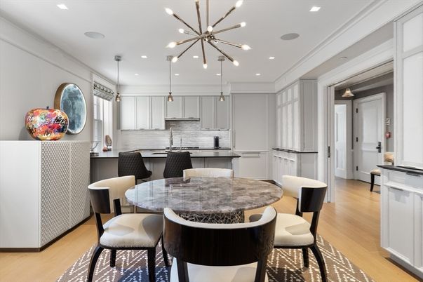 Dining room, Interior, Kitchen, Pendant Lights, Recessed Lighting, Stainless Steel Appliances, Wood Texture Flooring