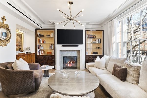 Fireplace, Interior, Living room, Pendant Lights, Wood Texture Flooring