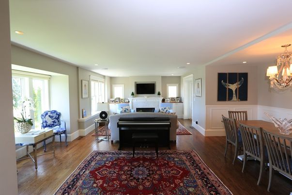 Chandelier, Dining room, Fireplace, Interior, Piano, Recessed Lighting, Wood Texture Flooring
