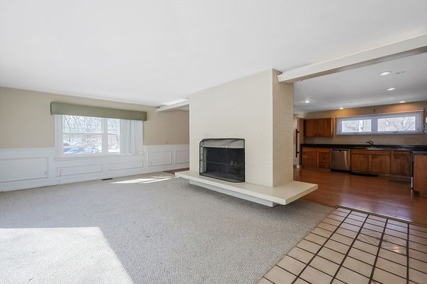 Fireplace, Interior, Kitchen, Recessed Lighting, Wood Texture Flooring