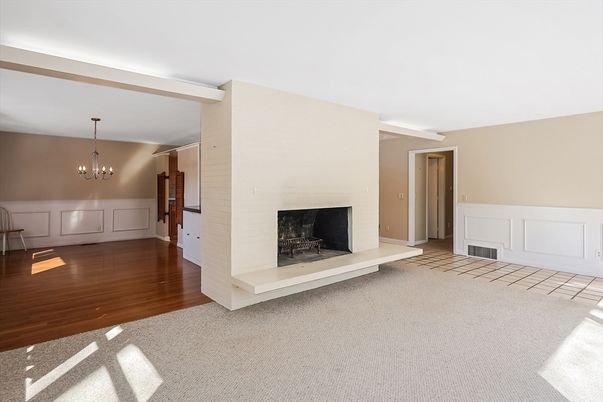 Chandelier, Empty room, Fireplace, Interior, Wood Texture Flooring