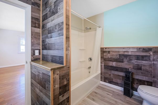 Bathroom, Glass Shower, Interior, Wood Texture Flooring, Wooden Walls