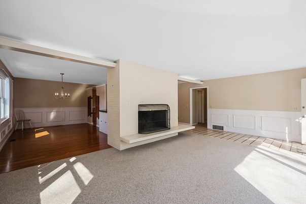 Chandelier, Empty room, Fireplace, Interior, Wood Texture Flooring