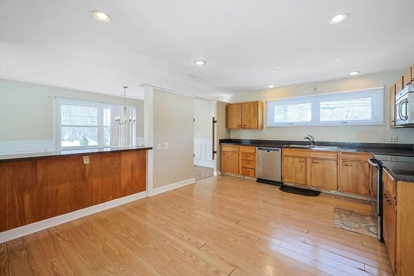 Interior, Kitchen, Pendant Lights, Recessed Lighting, Wood Texture Flooring